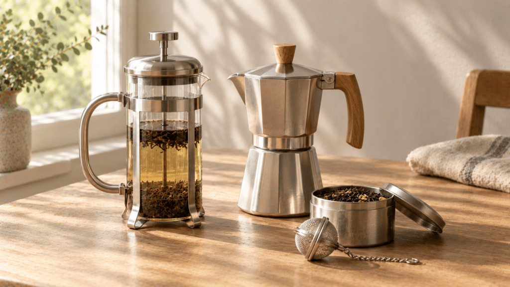 French Press aus Glas und Edelstahl, ein Espressokocher mit Holzgriff und eine Metalldose mit losem Tee samt Tee-Ei auf einem Holztisch (KI-generiertes Bild)