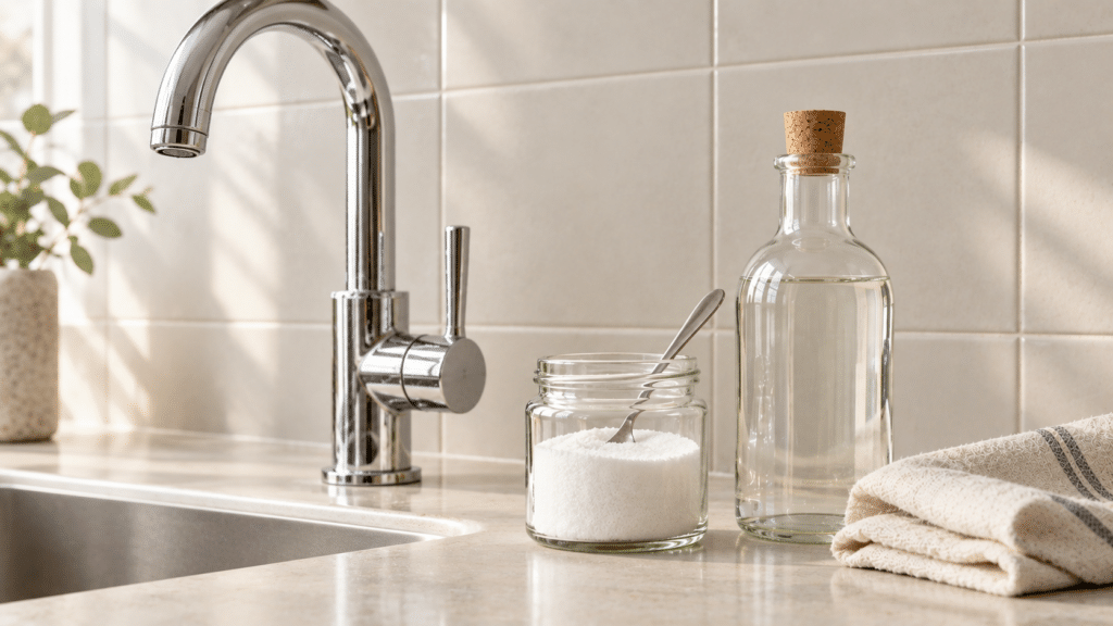 Chromwasserhahn an einer hellen Fliesenwand, davor ein Glas mit Zitronensäurepulver und Löffel, eine Glasflasche mit Korken und ein Baumwolltuch (KI-generiertes Bild)
