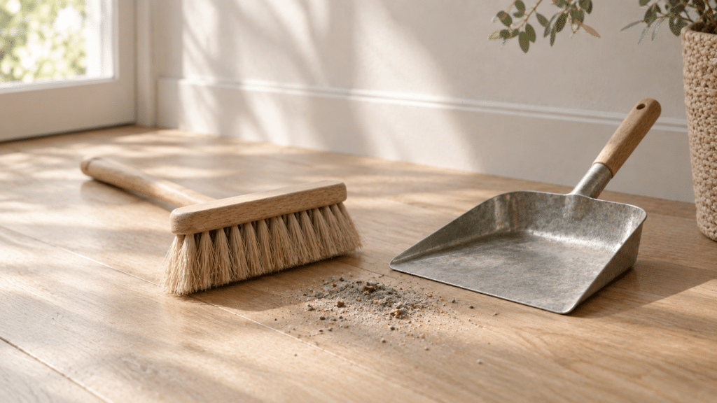 Handfeger mit Holzrücken und Naturborsten neben einem Kehrblech aus Metall und einem kleinen Häufchen Staub auf Holzboden (KI-generiertes Bild)