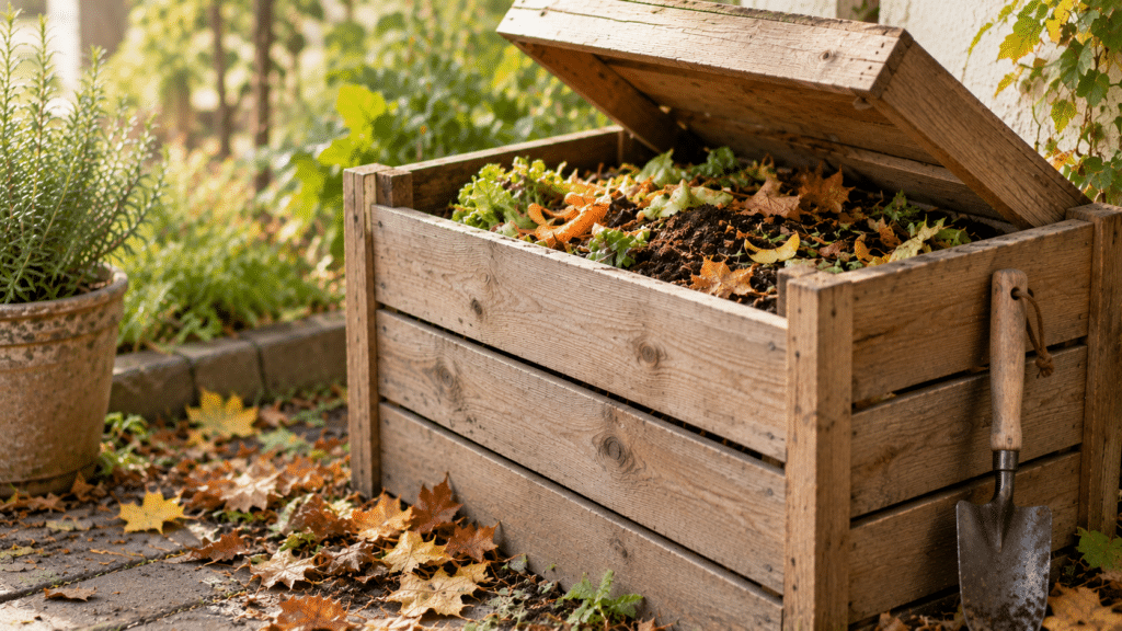 Offene Kompostkiste aus Holz im Garten mit Gemüseschalen, Laub und Erde, daneben eine Pflanzschaufel (KI-generiertes Bild)