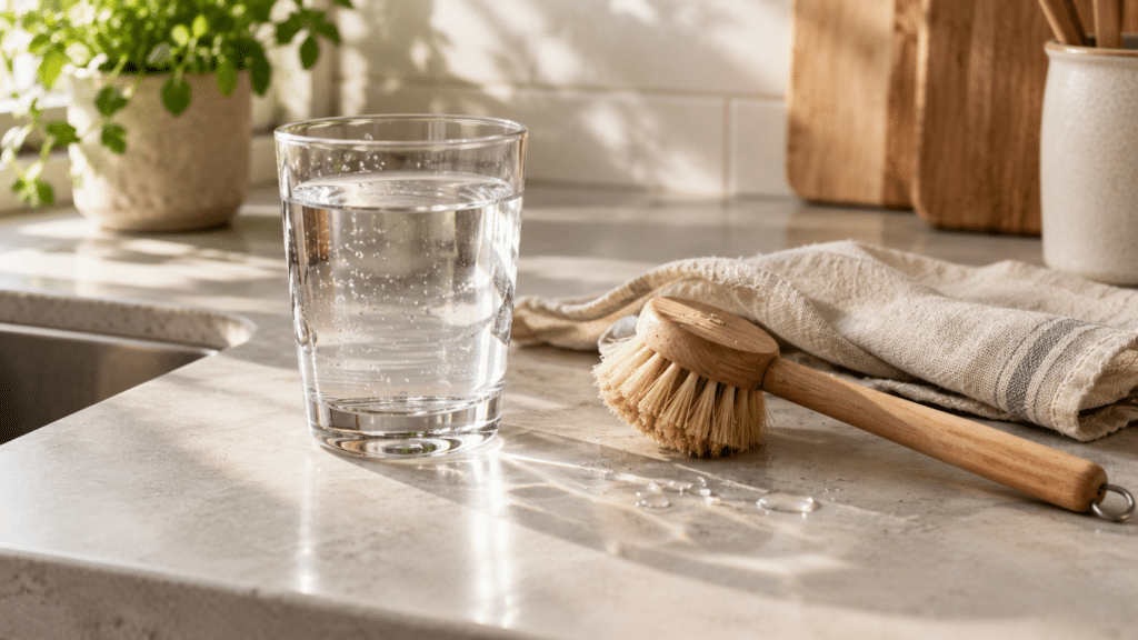 Ein Glas Leitungswasser auf einer hellen Arbeitsplatte, daneben eine Spülbürste aus Holz mit Pflanzenfaser-Borsten und ein Leinentuch (KI-generiertes Bild)