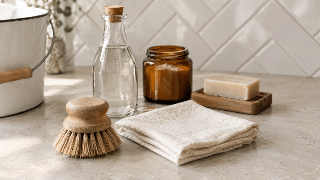 Plastikfrei putzen: Emaille-Eimer, Holzbürste mit Naturborsten, Glasflasche mit Korken, Braunglas mit Pulver, Seifenstück auf Holzschale und Baumwolltuch vor Fischgrätfliesen (KI-generiertes Bild)
