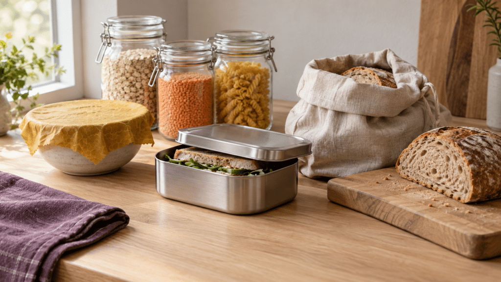Plastikfreie Küche: Vorratsgläser mit Bügelverschluss, eine Schüssel mit Bienenwachstuch, eine Edelstahl-Brotdose und ein Brotbeutel aus Leinen auf einer Eichenholz-Arbeitsplatte (KI-generiertes Bild)