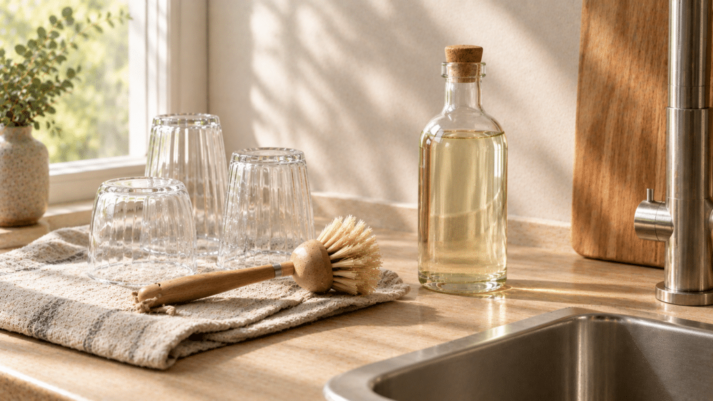 Eine Glasflasche mit hellem Spülmittel und Korken neben der Spüle, davor eine Spülbürste aus Holz und saubere Gläser auf einem Leinentuch (KI-generiertes Bild)
