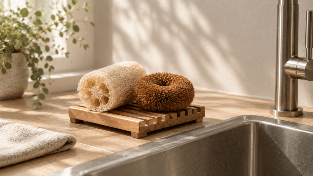 Ein Luffa-Schwamm und ein Kokosfaser-Pad auf einer Holzablage am Rand einer Edelstahlspüle (KI-generiertes Bild)