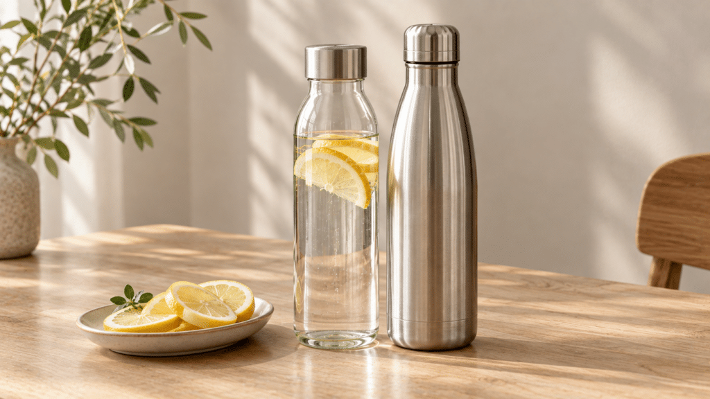 Eine Glasflasche mit Edelstahldeckel und Zitronenscheiben neben einer Edelstahl-Trinkflasche auf einem Holztisch, davor ein Teller mit Zitronen (KI-generiertes Bild)