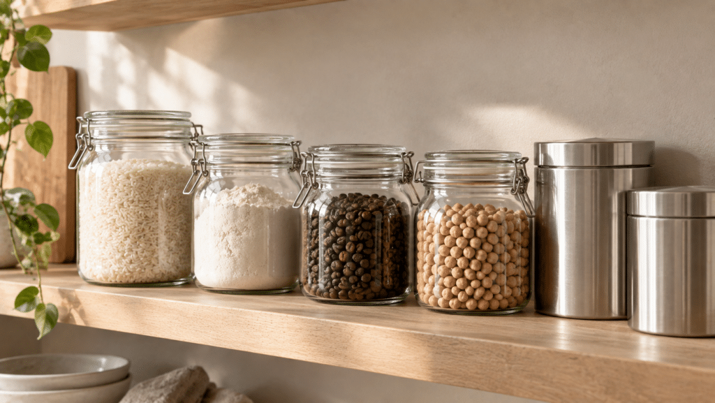 Vorratsgläser mit Bügelverschluss voller Reis, Mehl, Kaffeebohnen und Kichererbsen neben zwei Edelstahldosen auf einem Holzregal (KI-generiertes Bild)