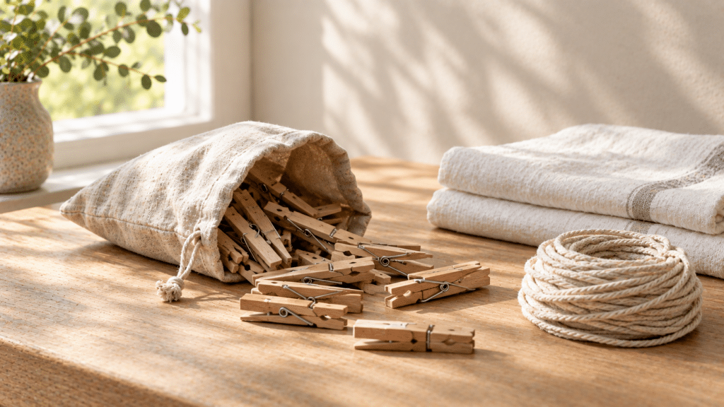 Holzwäscheklammern mit Metallfeder, aus einem Leinenbeutel auf einen Holztisch gerutscht, daneben ein gefaltetes Leinenhandtuch und eine Rolle Wäscheleine aus Baumwolle (KI-generiertes Bild)