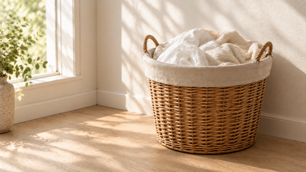 Runder Wäschekorb aus Rattan mit Leinenfutter, gefüllt mit weißer und cremefarbener Baumwollwäsche, in einer hellen Zimmerecke (KI-generiertes Bild)