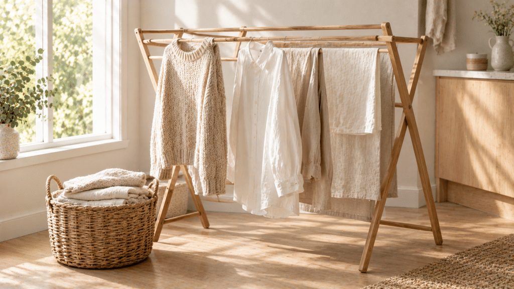 Wollpullover, Baumwollhemden und Leinentücher trocknen auf einem Wäscheständer aus Holz, daneben ein Weidenkorb mit gefalteter Wäsche (KI-generiertes Bild)